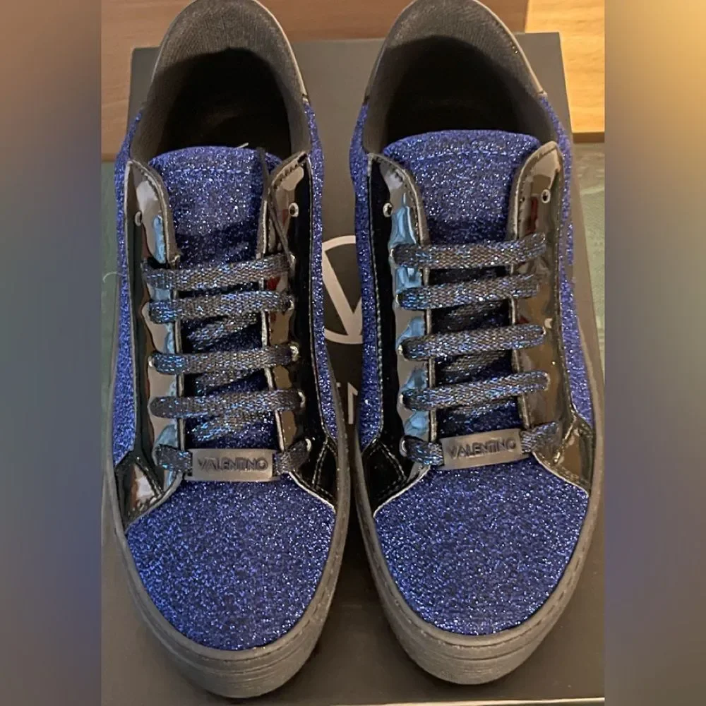 New Mario Valentino SELA Royal Blue Sparkle Black Sneakers Shoes 37 EU 7 USA - Picture 2 of 14